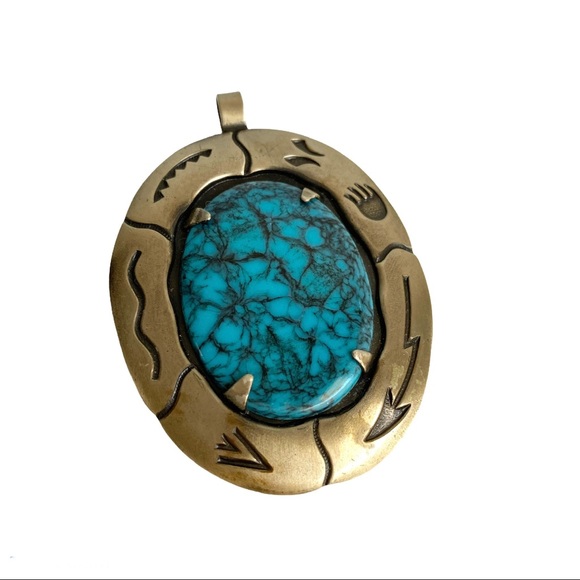 Vintage Jewelry - Vintage Bell Silver Faux Turquoise Pendant Large